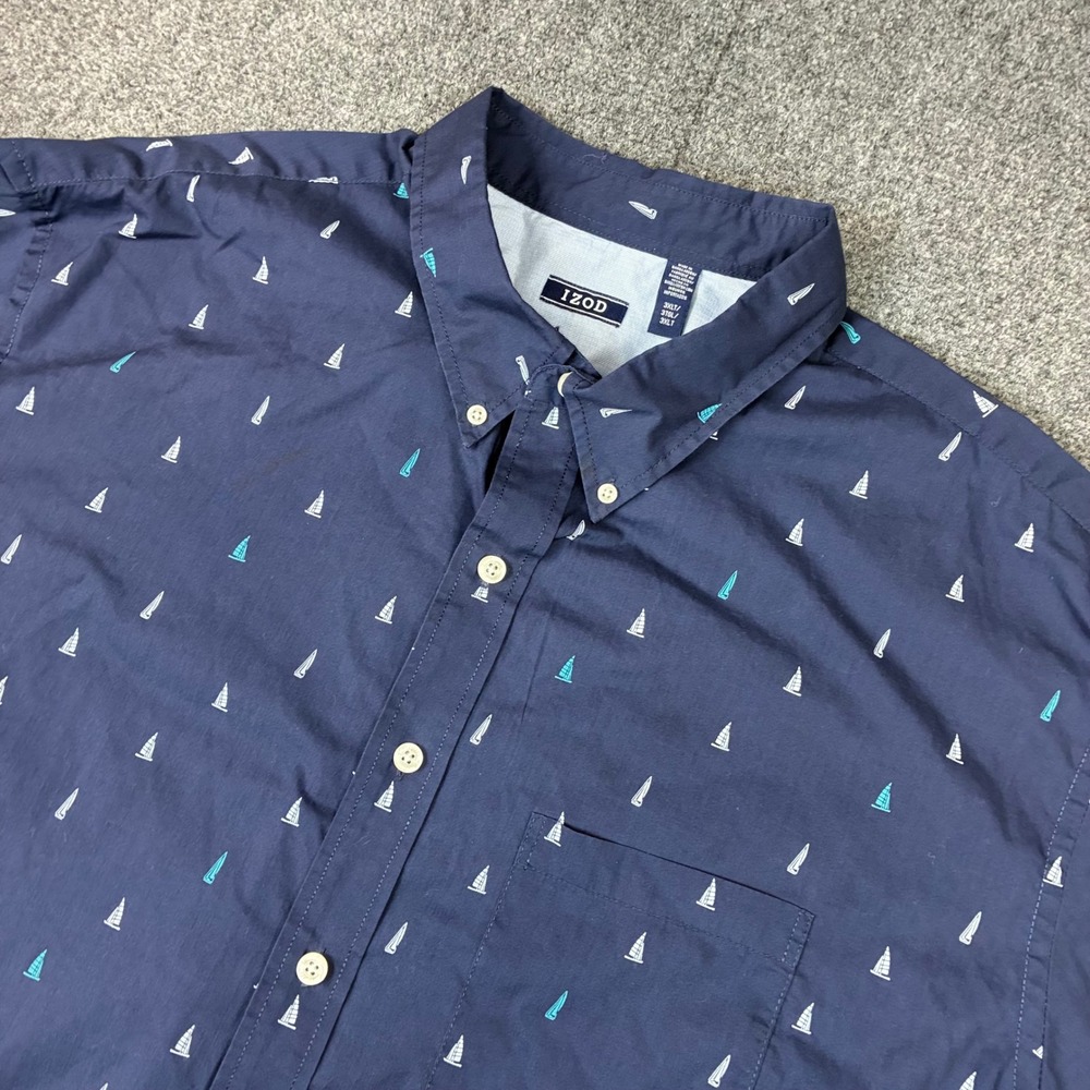 IZOD Mens 3XLT Navy Blue Sailboat Print Short Sleeve Button Down Shirt